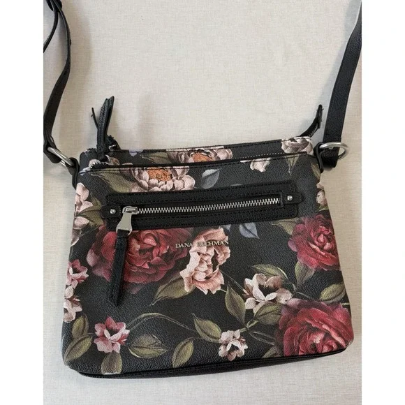 Dana Buchman Floral Crossbody Bag Black Rose Print Boho Goth Y2K EUC Purse - Picture 7 of 16